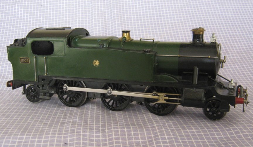Bassett-Lowke 5609/0 electric GWR 2-6-2 Prairie tank locomotive, green, number 6105 (GWR shirtbutton)