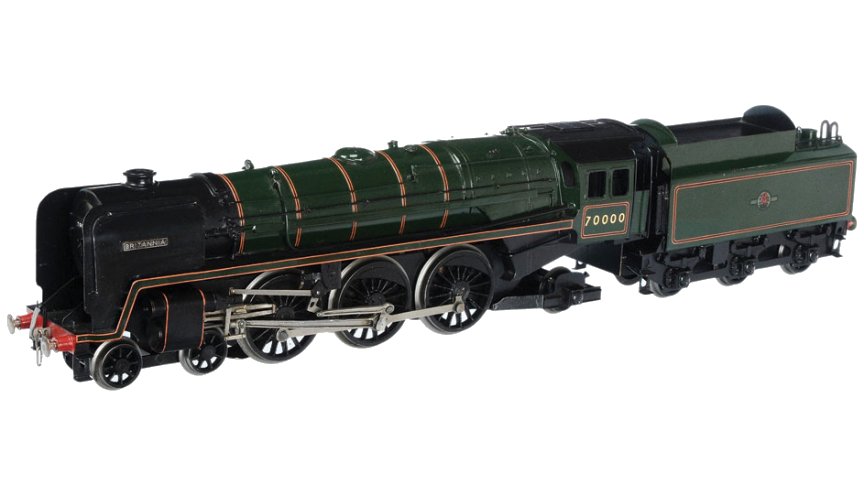 Bassett-Lowke electric BR Britannia Class (Standard Class 7) 4-6-2 tender locomotive Britannia, green, number 70000, circa 1959